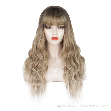 Three Tone Color Ombre Synthetic Wig Non Lace Middle Part Natural Wavy Long Hair bang Cheap Supplier Women Wig Heat Resistant